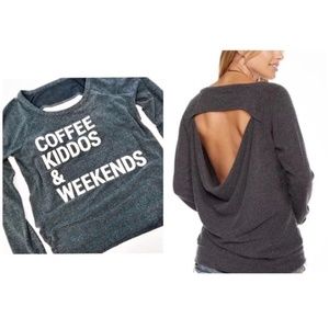Chaser Navy Blue Coffee Kiddos & Weekends Open Back Sweatshirt Small NWT